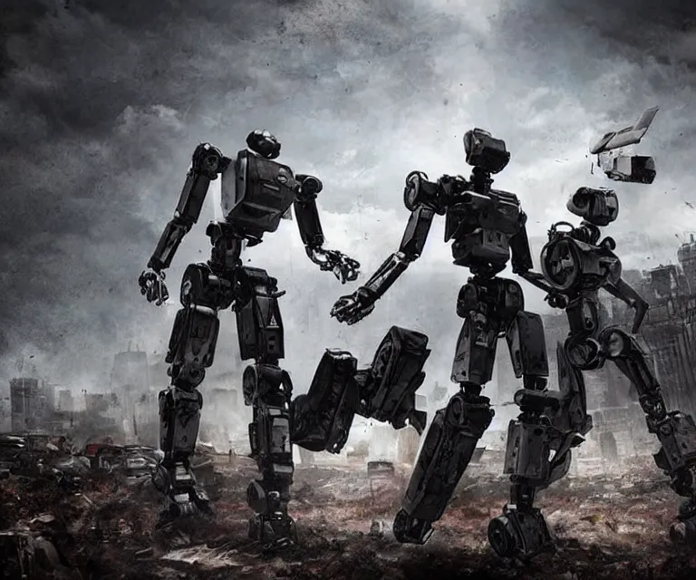 Image similar to androids fighting robots, post - apocalyptic world, dark landscapes, dreary