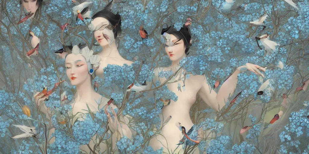 Image similar to breathtaking detailed concept art painting art deco pattern of faces goddesses amalmation light - blue flowers with anxious piercing eyes and blend of flowers and birds, by hsiao - ron cheng and john james audubon, bizarre compositions, exquisite detail, extremely moody lighting, 8 k