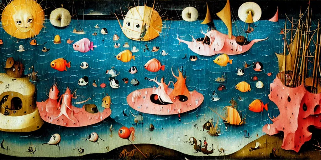 Image similar to a beautiful painting of an elaborate underwater scene painted by hieronymous bosch and lisa frank