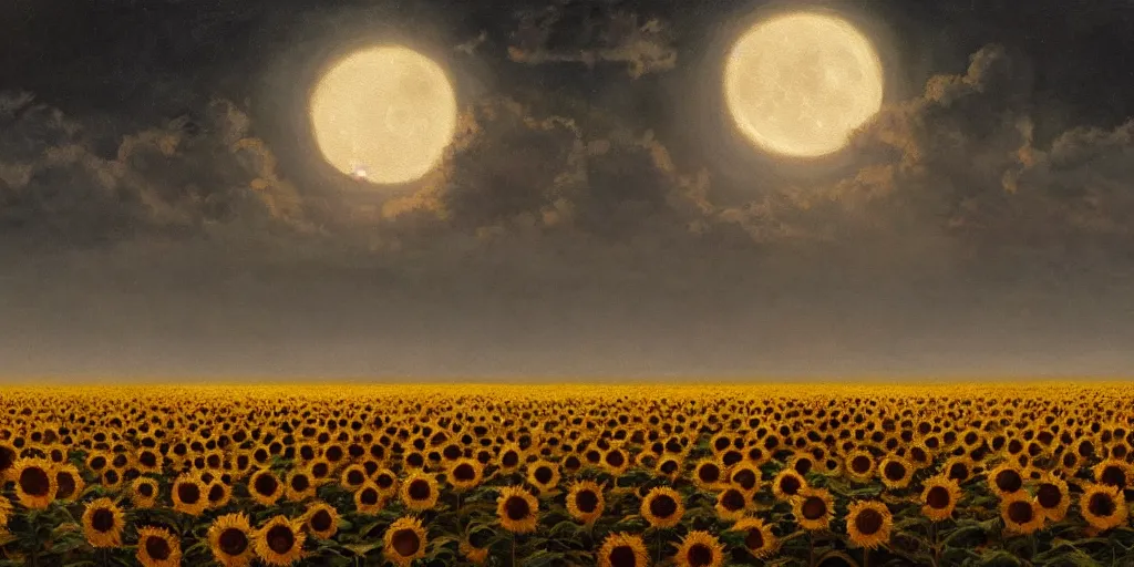 Image similar to A hyper realistic oil painting of a sunflower field at night, gentle light of the moon, high contrast, clouds in the sky, mist in the distance, by Greg Rutkowski, trending on artstation