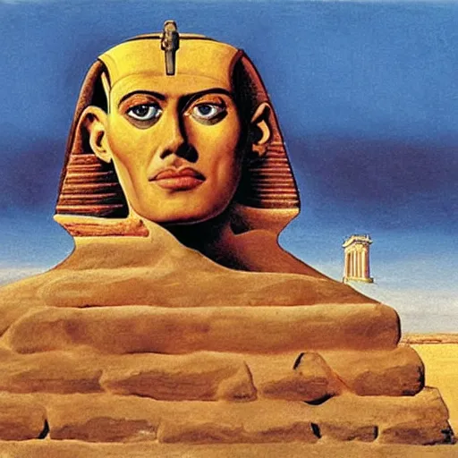 Image similar to john cleese as the sphinx, the sphinx with the head of john cleese, young john cleese's head on the sphinx, painting by salvador dali