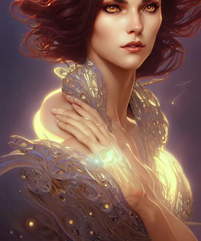 Image similar to fantasy magic woman portrait, sci-fi, amber eyes, face, long hair, fantasy, intricate, elegant, highly detailed, digital painting, artstation, concept art, smooth, sharp focus, illustration, art by artgerm and greg rutkowski and alphonse mucha