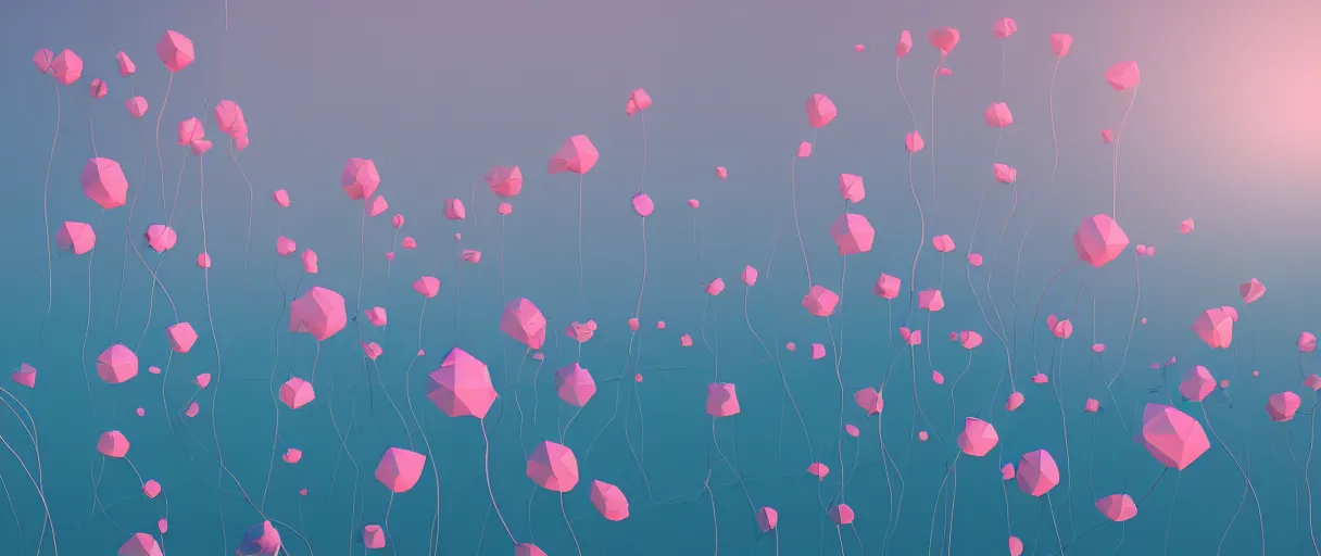 Image similar to 3 d render, low poly art, minimalist, flowers, teal sky, lowpoly landscape, particles floating, unreal engine, dreamy, bokeh, bounce light, bright lighting, complementary palette