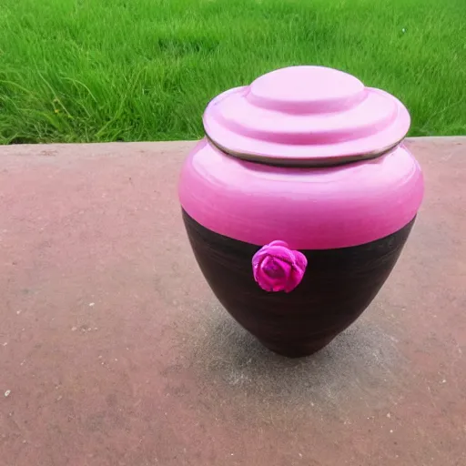 Prompt: photo of an urn with a pink punk hairdo