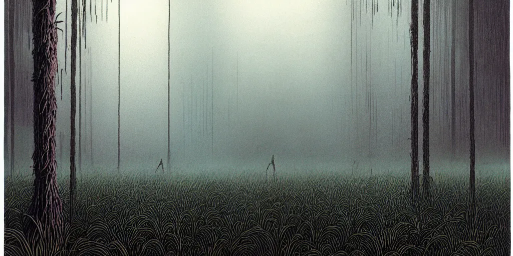 Prompt: grainy risograph matte painting, gigantic huge!! mech!! covered with wounds, black, a lot of exotic vegetation, trees, flowers, tall grass, pastel matte colors, staying in the foggy huge swamp covered with web and cotton and a lot of glow - worms, by moebius, hyperrealism, intricate detailed