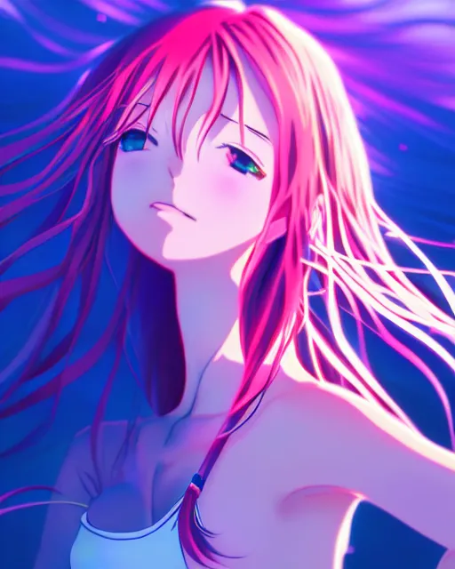 Image similar to anime style, vivid, expressive, full body, 4 k, a cute girl with white skin and long pink wavy hair humming a song, stunning, realistic light and shadow effects, centered, simple background, studio ghibly makoto shinkai yuji yamaguchi