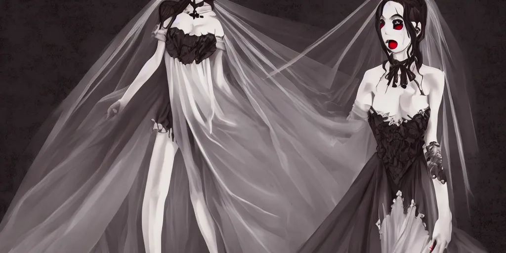 Image similar to vampire bride, full body portrait, anime aesthetic, cinematic, dramatic, ominous, symmetrical