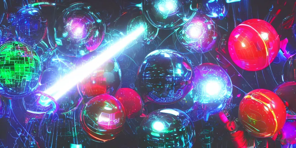 Prompt: wet complex spheres, colored lasers, robots, circuits, smoke, god rays, wires, reflective cubes, wet metal reflections, mirrors, infinite, close up, glowing wires, wet, ultra detailed, group of robots, rocks