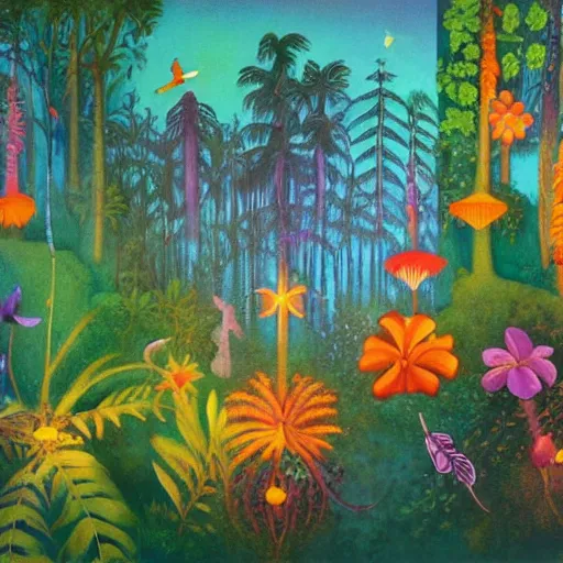 Image similar to an enchanted forest full of tropical flowers and fireflies, by agnes lawrence pelton