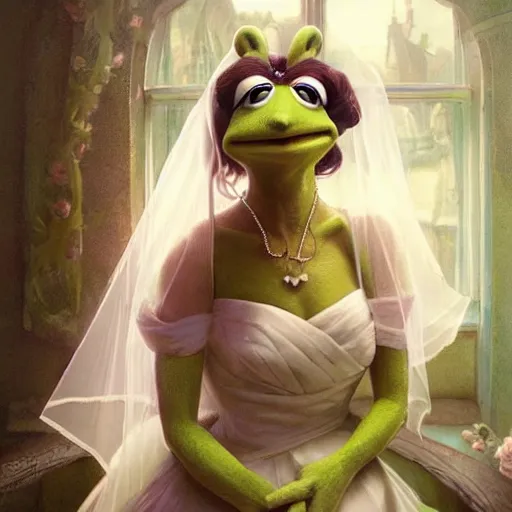 Image similar to kermit the frog in a wedding dress, cg animation, riot entertainment, arcane, realistic, character select portrait, by artgerm, greg rutkowski, alphonse mucha, 3 d