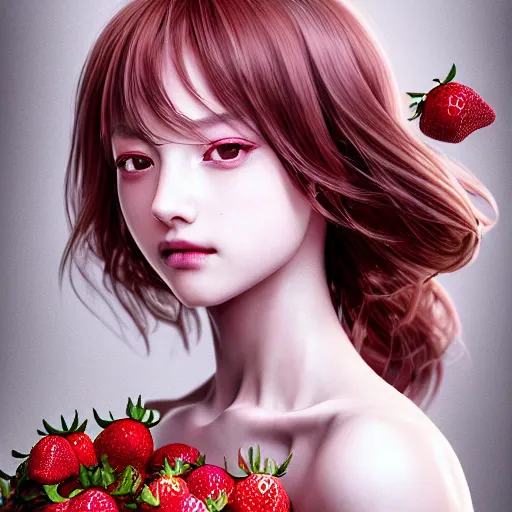 Image similar to the portrait of an absurdly beautiful, graceful, elegant, sophisticated, fashionable young gravure idol made of strawberries and white petals, an ultrafine hyperdetailed illustration by kim jung gi, irakli nadar, intricate linework, bright colors, octopath traveler, final fantasy, unreal engine 5 highly rendered, global illumination, radiant light, detailed and intricate environment