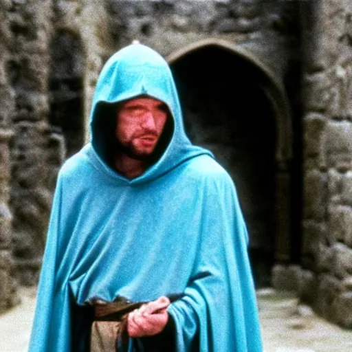 Prompt: man with a light blue hood in a dark medieval castle, 1 9 9 1, movie still