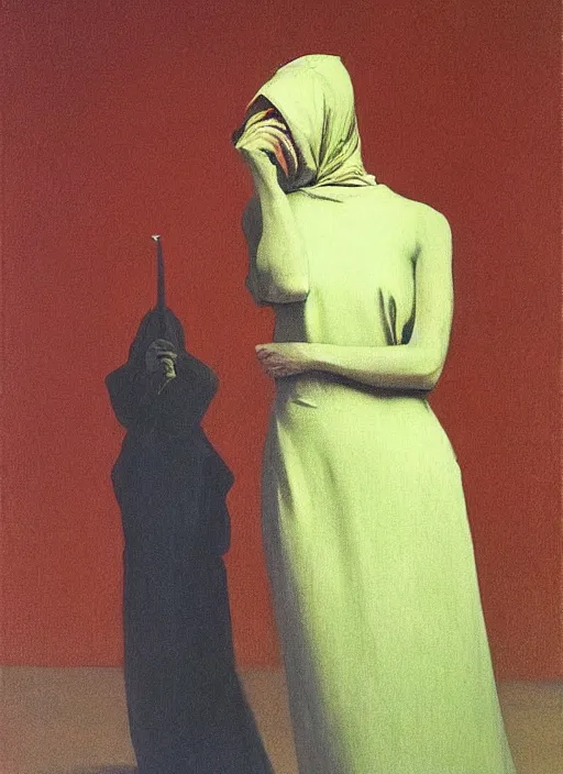 Image similar to woman with a paper bag over the head and a sward Edward Hopper and James Gilleard, Zdzislaw Beksinski, Steven Outram highly detailed