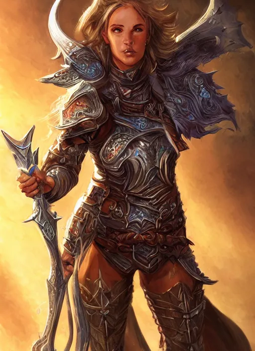 Prompt: female paladin, ultra detailed fantasy, dndbeyond, bright, colourful, realistic, dnd character portrait, full body, pathfinder, pinterest, art by ralph horsley, dnd, rpg, lotr game design fanart by concept art, behance hd, artstation, deviantart, hdr render in unreal engine 5