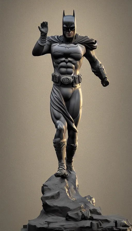 Image similar to marble statue of batman, full body length, hyper detailed, digital art, trending in artstation, cinematic lighting, studio quality, smooth render, unreal engine 5 rendered, octane rendered, art style by klimt and nixeu and ian sprigger and wlop and krenz cushart