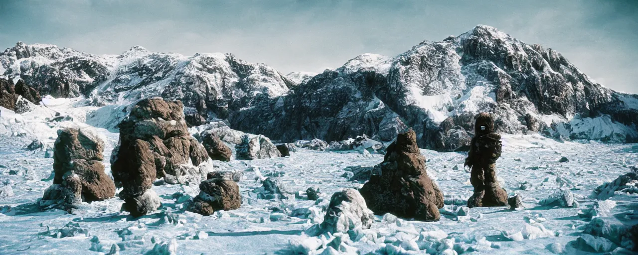 Image similar to the frozen tundra on an alien planet, mountains in the background, carbon based life forms playing, national geographic, canon 5 0 mm, cinematic lighting, photography, retro, film, kodachrome