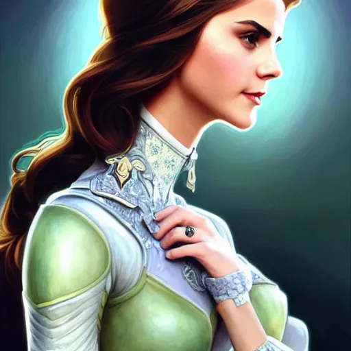 Prompt: A combination of Victoria Justice's and Grace Kelly's and Emma Watson's appearances as Master Chief, full body portrait, western, D&D, fantasy, intricate, elegant, highly detailed, digital painting, artstation, concept art, matte, sharp focus, illustration, art by Artgerm and Greg Rutkowski and Alphonse Mucha