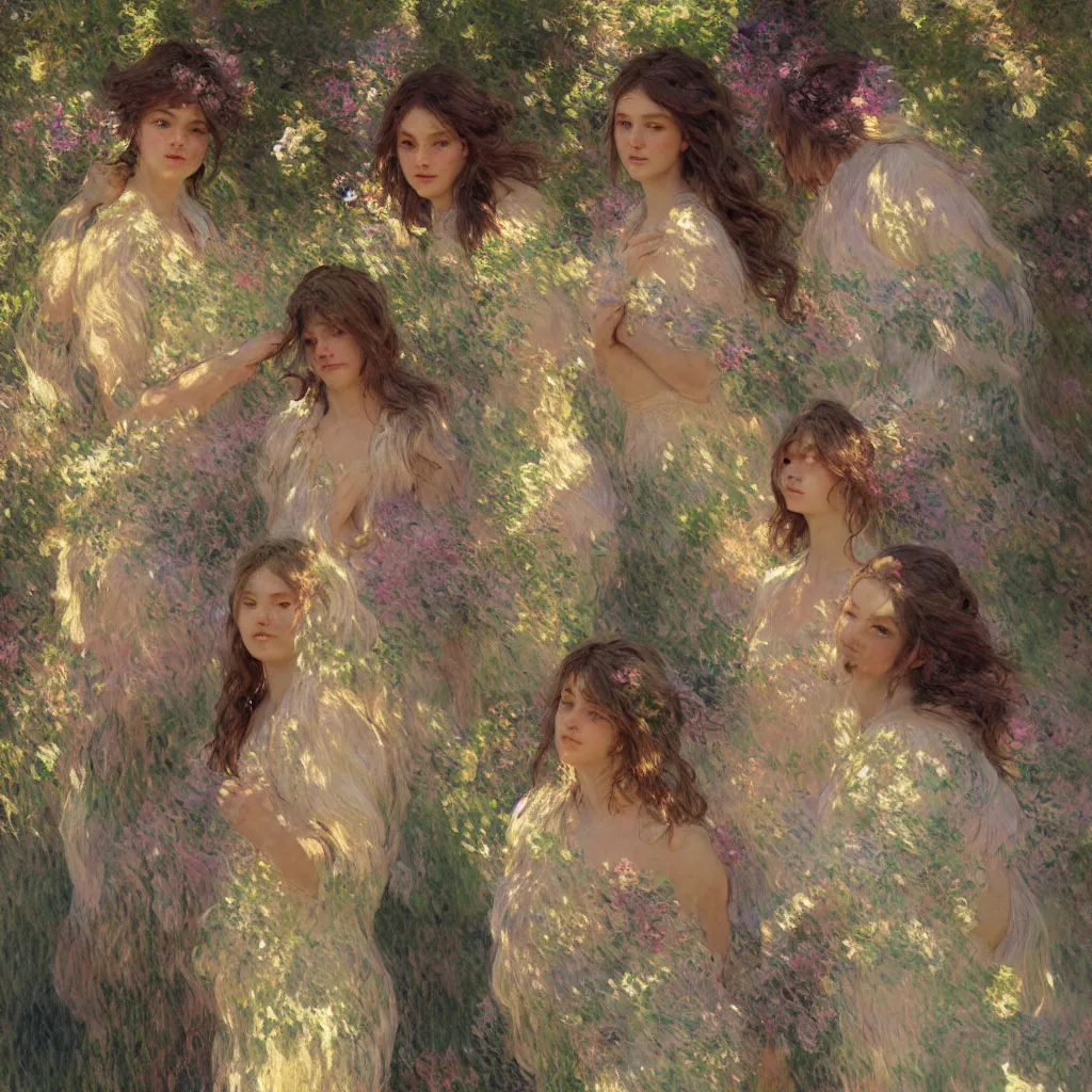 Image similar to illustration studio portrait of three beautiful seraphim female energy in artistic poses in nature, monet painterly motives and textures pattern, hyper detailed, octane render, vivid colors, artstation, by jeremy mann, by alphonse mucha, by monet