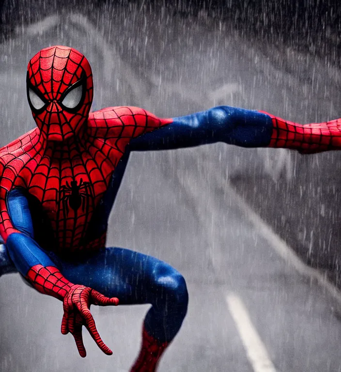 Image similar to cinematic of tobey maguire as spiderman, dramatic rain, 8 k, moody lighting