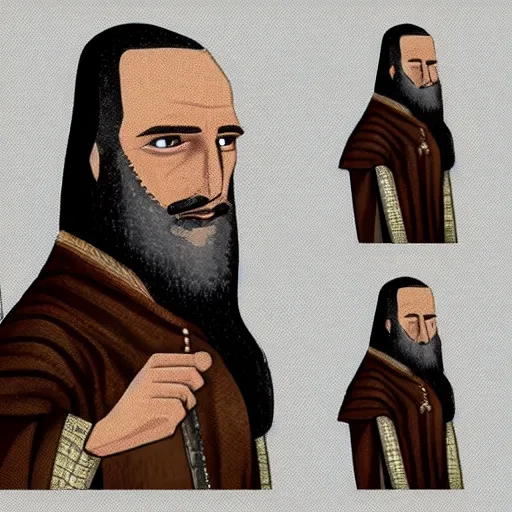 Image similar to a medieval nobleman with a long face, long brown hair and a closely - trimmed beard which is beginning to go grey. character art.