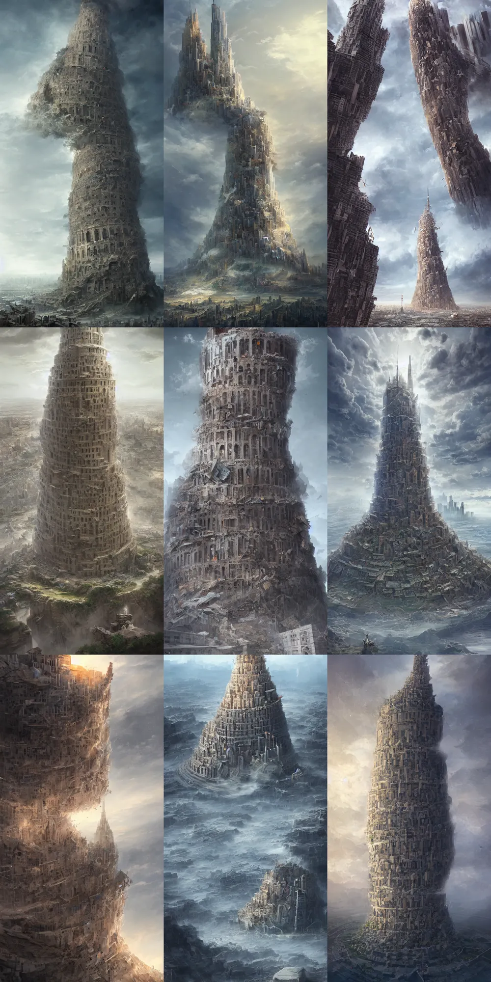 Prompt: matte painting breaking pieces floating of the tower of babel. dynamic perspective. urban, detailed digital art trending in artstation