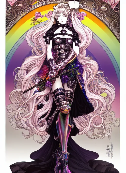 Image similar to artstation highly detailed terada katsuya manga poster of girl mechine, rainbow gradient reflection, ayami kojima, long hair, armor, dress, laces, ruffles, 8 k, maximalist, alphonse mucha