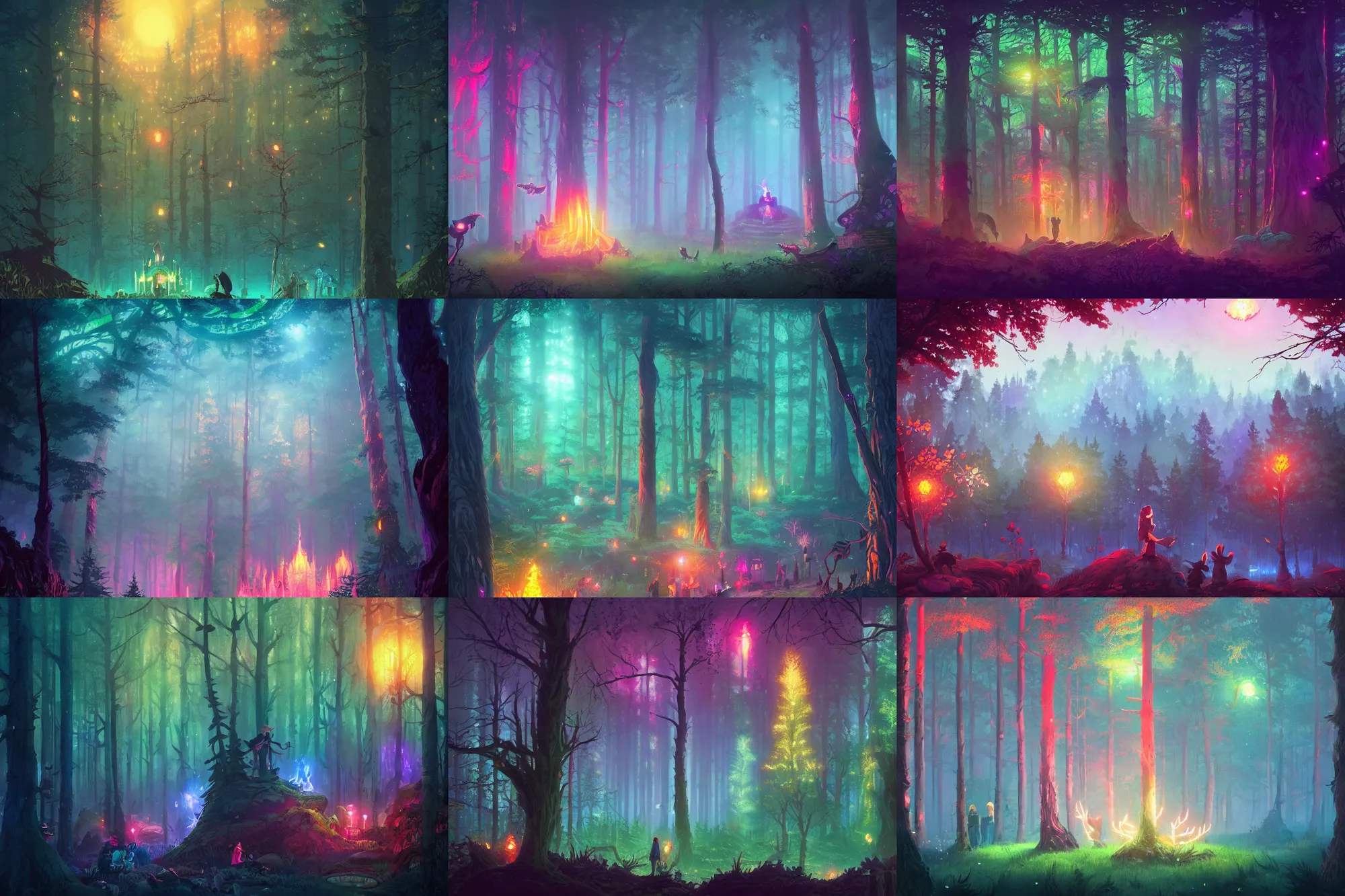 Prompt: enchanted forest, infographic with illustrations, glowing lights, epic fantasy, colorfully, digital art, highly saturated colors, concept art, detailed illustration, hd, 4 k, digital art, greg rutkowski, dan mumford, studio ghibli trending on artstation