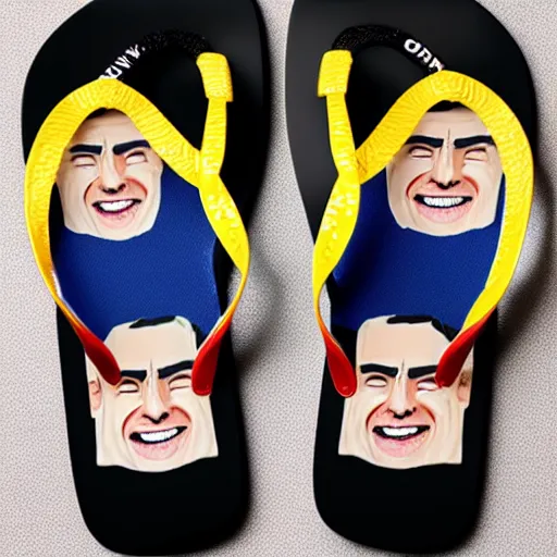 Prompt: havaianas sandal with tom cruises face printed on it