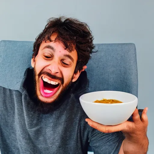 Prompt: photo of a man ecstatically eating a bowl of indian curry. weeping with joy, hands raised