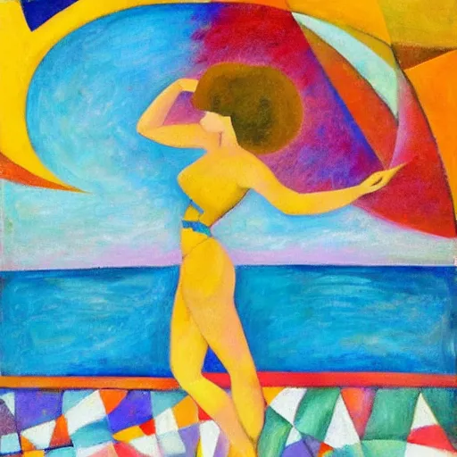 Image similar to woman dancing with a triskele by the ocean while the waves crash on the seashore, high quality art in the style of cubism and geogia o keefe