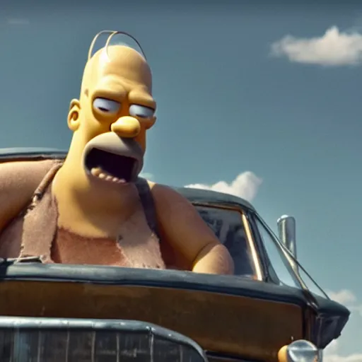 Prompt: A film Still of Homer Simpson in Mad Max Fury Road (2014)