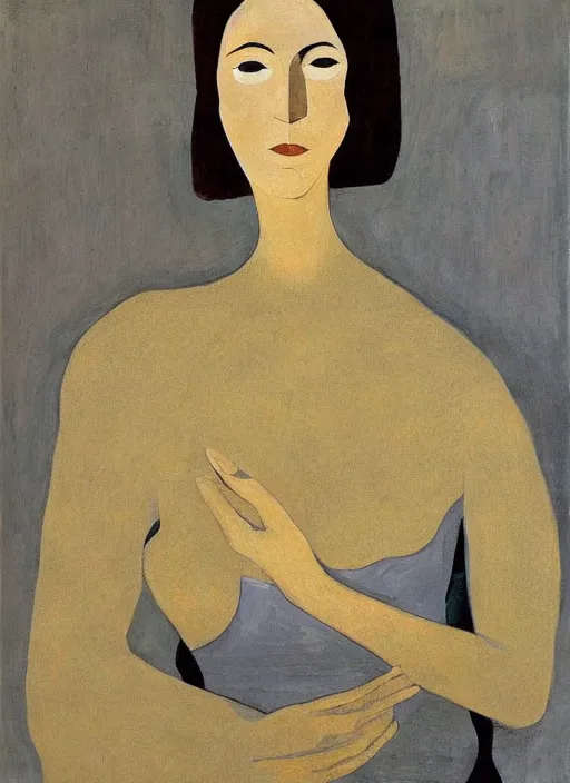 Image similar to a painted portrait of a modern women, art by felice casorati, aesthetically pleasing and harmonious natural colors, expressionism, natural light, fine day, portrait