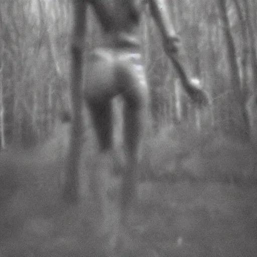 Image similar to bad quality blurry nightfootage nightcam black and white trailcam footage of native weird distorted human body Skinwalker transforming into a coyote, low resolution, compressed