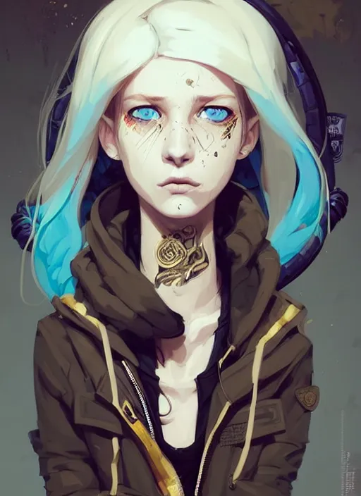 Image similar to highly detailed portrait of a sewer punk lady student, blue eyes, burberry hoodie, white hair by atey ghailan, by greg rutkowski, by greg tocchini, by james gilleard, by joe fenton, by kaethe butcher, gradient gold, black, brown and pink color scheme, grunge aesthetic!!! ( ( graffiti tag wall background ) )