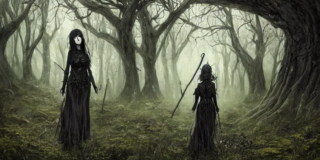 Prompt: a gothic elf woman of old walking through an open field with her staff in a beautiful forest of ancient neurons and glowing synapses running through the forest, huge incredibly immense trees, highly detailed, hyperrealism, trending on art station, ancient forest like fanal forest, misty forest, realistic painting, sharp image, hyper realistic art, cinematic, art by konstantin razumov, chiaroscuro