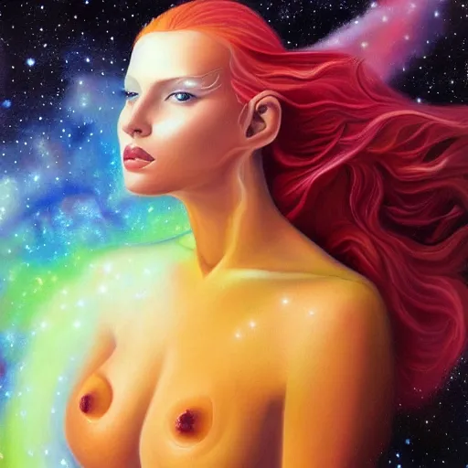 Prompt: A beautiful painting of a female cosmic being with a nebula as its body by Jim Burns, Trending on artstation.