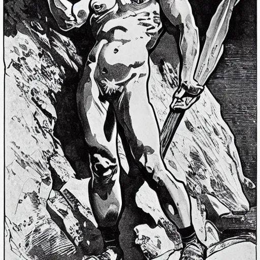 Prompt: muscular human barbarian on mars, standing on boulder, science fiction pulp illustration, Alphonse Mucha