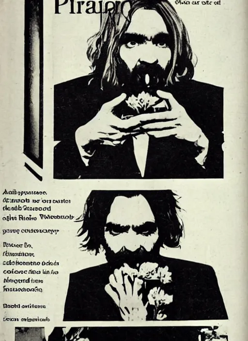 Image similar to vintage pharamaceutical magazine advertisement depicting charles manson eating flowers