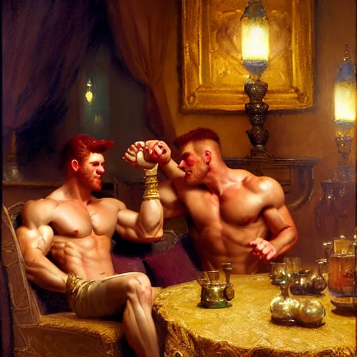 Image similar to muscular male mike and muscular male tyler, one is ginger and the other brunet, drinking their hearts out, in their noble mansion, at night. highly detailed painting by gaston bussiere, craig mullins, j. c. leyendecker 8 k