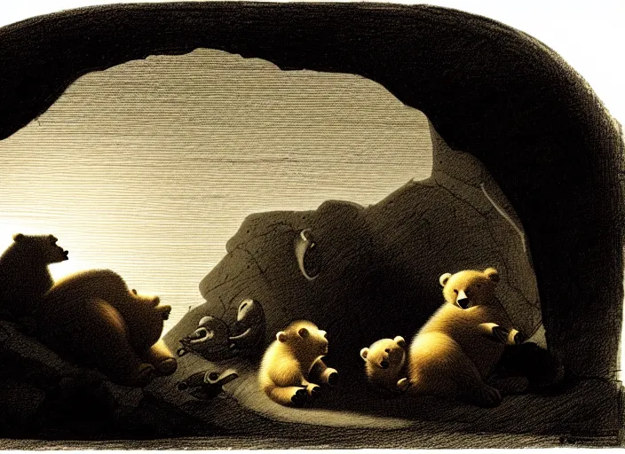 Image similar to Pieter Claesz's 'a bear and her cubs sleeping in a dark cave, lit by hole in roof', night time, cross hatching, framed, monochrome, colours of the sunset