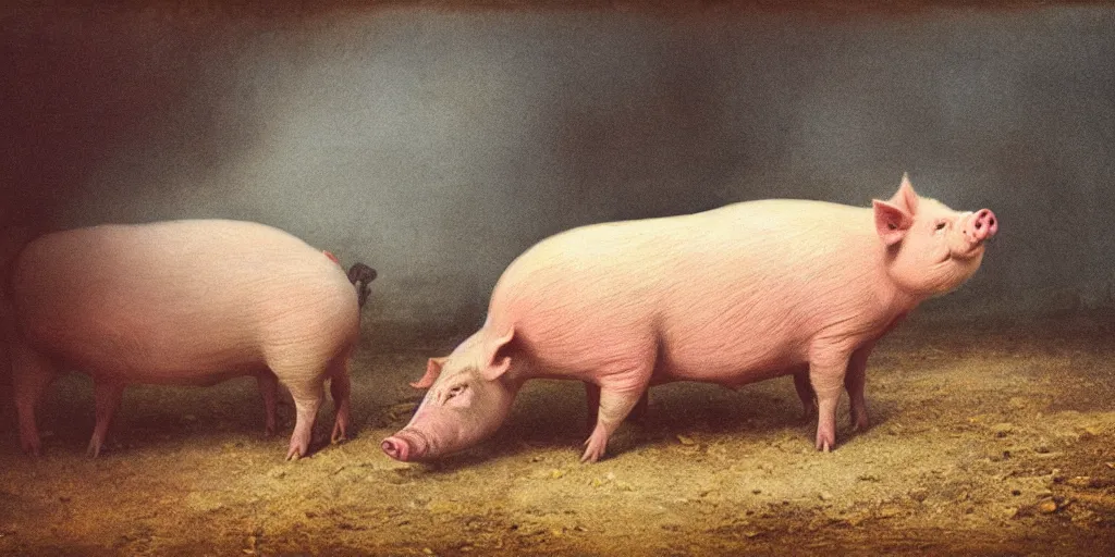 Image similar to The last pig on earth, 1860s oil painting style, soft light, high contrast, high saturation colors, film composition