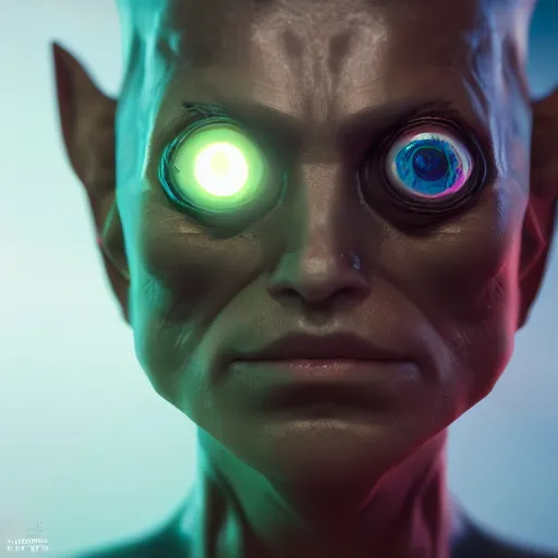 Image similar to a hyper real comic book style portait painting of an alien with 5 eyes and three heads, unreal 5, hyperrealistic, octane render, cosplay, rpg portrait, dynamic lighting
