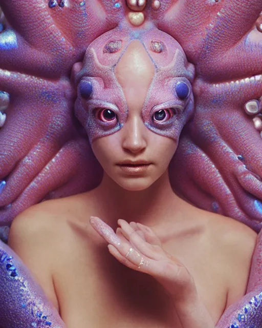 Image similar to natural light, soft focus portrait of a cyberpunk anthropomorphic starfish with soft synthetic pink skin, blue bioluminescent plastics, smooth shiny metal, elaborate ornate head piece, piercings, skin textures, by annie leibovitz, paul lehr