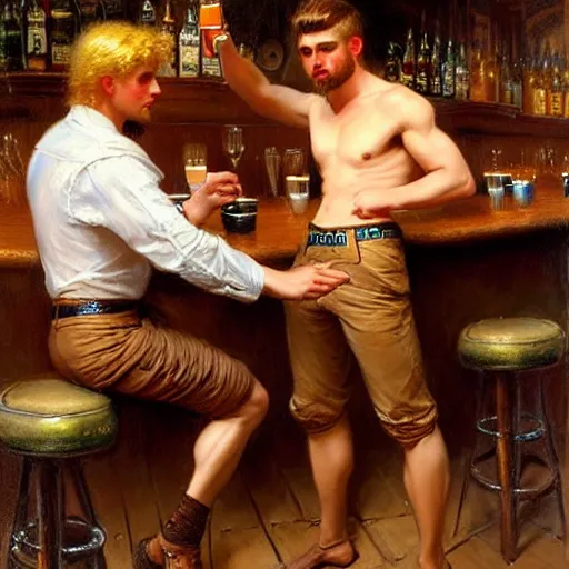 Image similar to attractive maculine male with brunet hair and attractive masculine male with blond hair. pants and shorts, drinking their hearts out, in a pub. highly detailed and very defined painting by gaston bussiere, j. c. leyendecker, craig mullins 8 k