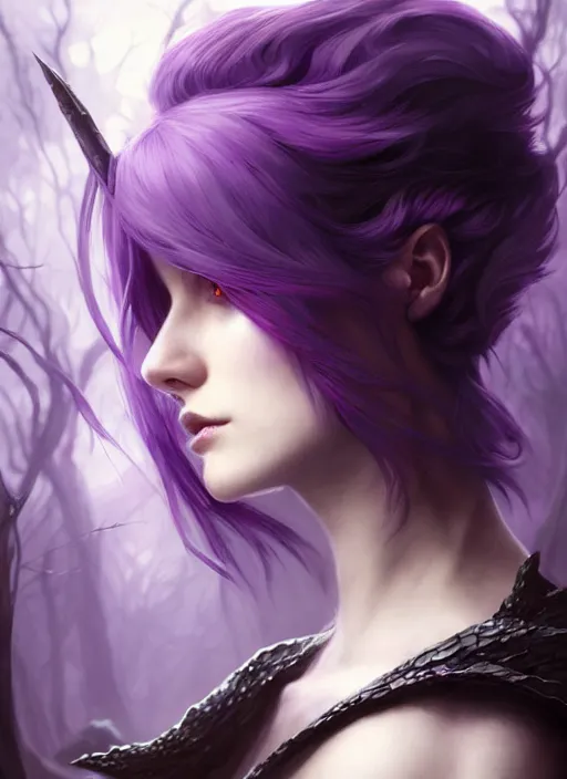 Image similar to side portrait dark witch, adventurer outfit large cloak, fantasy forest landscape, dragon scales, fantasy magic, undercut hairstyle, short purple black fade hair, dark light night, intricate, elegant, sharp focus, illustration, highly detailed, digital painting, concept art, matte, art by WLOP and Artgerm and Greg Rutkowski and Alphonse Mucha, masterpiece