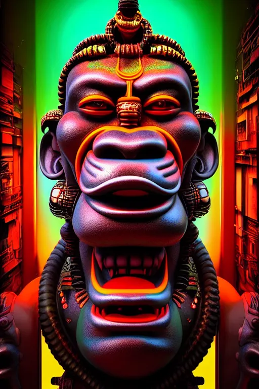 Image similar to high quality 3 d render post - rococo cyberpunk hanuman! head building, neon madhubani, open mouth, highly detailed, in sci - fi mumbai, cinematic smooth unreal engine, lee madgwick & liam wong, dramatic light, low angle, uhd 8 k, sharp focus