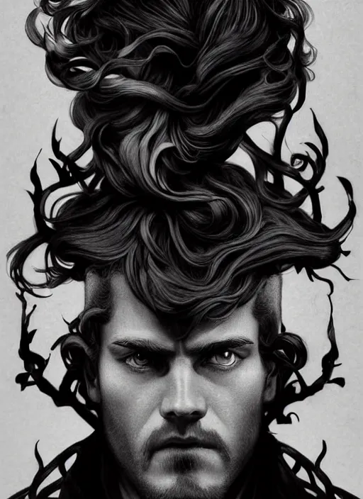 Image similar to the god hephaestus, gigachad, ash hair, glowing eyes, volumetric lights, black and white scheme, art nouveau botanicals, gothic, intricate, highly detailed, digital painting, artstation, concept art, smooth, sharp focus, symmetric face, illustration, art by artgerm and greg rutkowski and alphonse mucha