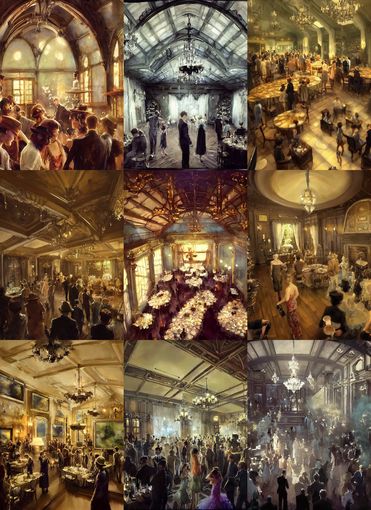 Prompt: craig mullins and ghibli and james gurney detailed painting of a 1 9 2 0 s grand party in a beautiful mansion, vaulted ceiling, many partygoers, strong contrast, unreal engine, hyper realism, realistic shading, cinematic composition, realistic render, octane render, detailed textures, photorealistic, wide shot, 3 5 mm film