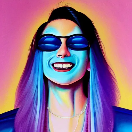 Image similar to closeup painting of a very beautiful young mexican cyberpunk woman with a smile, light blue windows shutter shades on her face, and a purple coloured leather jacket, one side haircut, long brown hair with light blue ends, portrait, hyperdetailed, cgsociety, synthwave by tangerine dream, by jean - michel jarre, by vangelis, by john carpenter