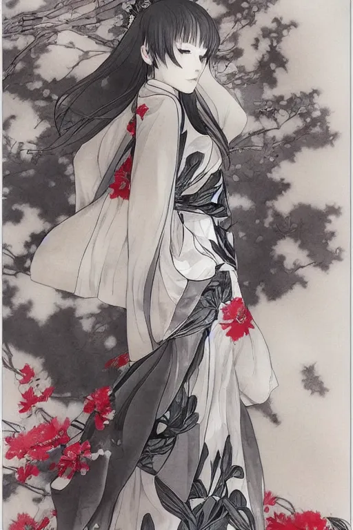 Prompt: ((beautiful)) girl, silver hair, white kimono with complex red flower patterns, full body, looking to camera, showing her shoulder from back, ilustration by (Takehiko Inoue) ((and Krenz Cushart))